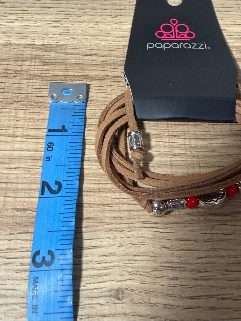 paparazzi Brown Faux Suede Multi‑Wrap Bracelet with Red Accent